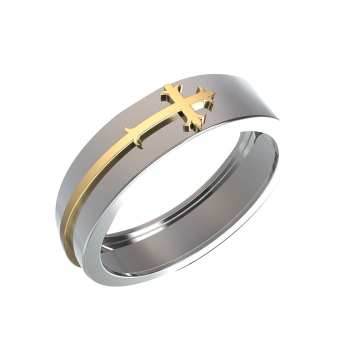 Comfort Fit Wedding band for men in 10 kt White gold and Yellow gold Cross Dual Tone Wedding band For Him